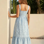 Light Blue Floral Textured Fabric Slim Fit Midi Dress