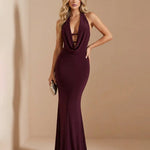 Burgundy Halter Neck Cowl Front Cutout Mermaid Maxi Evening Dress