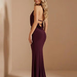 Burgundy Halter Neck Cowl Front Cutout Mermaid Maxi Evening Dress