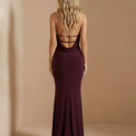 Burgundy Halter Neck Cowl Front Cutout Mermaid Maxi Evening Dress