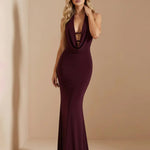 Burgundy Halter Neck Cowl Front Cutout Mermaid Maxi Evening Dress