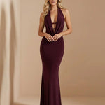 Burgundy Halter Neck Cowl Front Cutout Mermaid Maxi Evening Dress