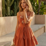 Terracotta Floral Embroidered Cotton Linen Slim Fit Boho Mini Dress
