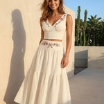 White Floral Embroidered Cotton Linen Slim Fit Croped Top Maxi Dress Bohemian Set