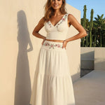 White Floral Embroidered Cotton Linen Slim Fit Croped Top Maxi Dress Bohemian Set