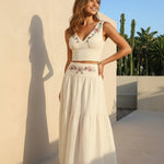 White Floral Embroidered Cotton Linen Slim Fit Croped Top Maxi Dress Bohemian Set