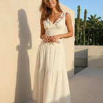 White Floral Embroidered Cotton Linen Slim Fit Croped Top Maxi Dress Bohemian Set
