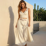 White Floral Embroidered Cotton Linen Slim Fit Croped Top Maxi Dress Bohemian Set