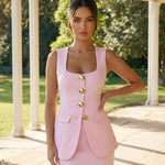 Pink Sleeveless Gold Buttons Blazer Vest Mini Skirt Set