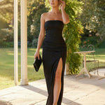 Elegant Black Strapless High Slit Corset Bodice Maxi Dress