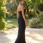 Elegant Black Strapless High Slit Corset Bodice Maxi Dress