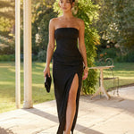 Elegant Black Strapless High Slit Corset Bodice Maxi Dress