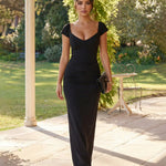 Black Sweetheart Neck Cap Sleeve Back Slit Bodycon Maxi Dress