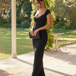 Black Sweetheart Neck Cap Sleeve Back Slit Bodycon Maxi Dress
