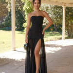 Black Strapless Maxi Dress With Sheer Chiffon Overlay