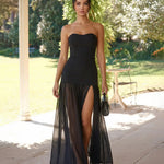 Black Strapless Maxi Dress With Sheer Chiffon Overlay