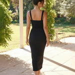 Black Sweetheart Neck Twist Front Cutout Ruched Midi Dress