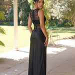 Black Lace Sheer Bodice Satin Maxi Dress With High Slit