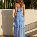 Elegant Blue Ruffle Trim Chiffon High Low Maxi Dress