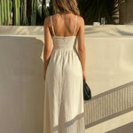 Sexy Beige Cut Out Detail Textured Cotton Maxi Dress