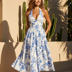 Blue Floral Print Halter Neck A-Line Midi Dress