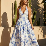 Blue Floral Print Halter Neck A-Line Midi Dress