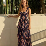 Elegant Black Floral Tiered Corset Slim Fit Maxi Dress