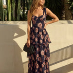 Elegant Black Floral Tiered Corset Slim Fit Maxi Dress