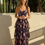 Elegant Black Floral Tiered Corset Slim Fit Maxi Dress