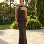 One-Shoulder Scarf Detail Ruched Maxi Dress