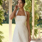 White Halter Neck Square Neck Polka Dot Mini Dress