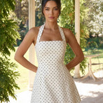 White Halter Neck Square Neck Polka Dot Mini Dress