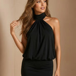 Black Halter Neck Ruched Bodycon Mini Dress