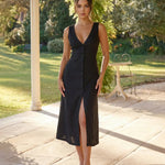 Black V-Neck Sleeveless Button Front Front Slit Midi Dress