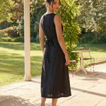 Black V-Neck Sleeveless Button Front Front Slit Midi Dress