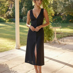 Black V-Neck Sleeveless Button Front Front Slit Midi Dress