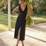 Black V-Neck Sleeveless Button Front Front Slit Midi Dress