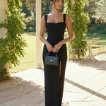 Black Sweetheart Neck Wide Strap High Side Slit Maxi Dress