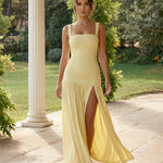 Yellow Ruched High Slit Maxi Dress Wide Straps