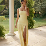 Yellow Ruched High Slit Maxi Dress Wide Straps