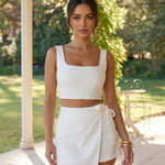Square Neck Cropped Top Wrap Tie Linen Blend Skort Set