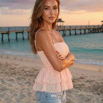 Pink Smocked Peplum Chevron Textured  Crop Top