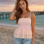 Pink Smocked Peplum Chevron Textured  Crop Top