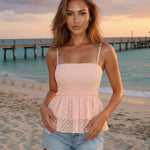Pink Smocked Peplum Chevron Textured  Crop Top