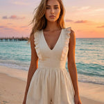 Beige Chic Ruffle Trim Linen Blend Slim Fit Short Romper