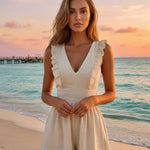 Beige Chic Ruffle Trim Linen Blend Slim Fit Short Romper