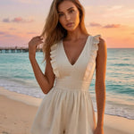 Beige Chic Ruffle Trim Linen Blend Slim Fit Short Romper