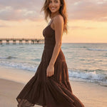 Brown Spaghetti Strap Cutout Detail Smocked Tiered Maxi Dress