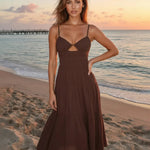 Brown Spaghetti Strap Cutout Detail Smocked Tiered Maxi Dress