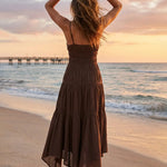 Brown Spaghetti Strap Cutout Detail Smocked Tiered Maxi Dress